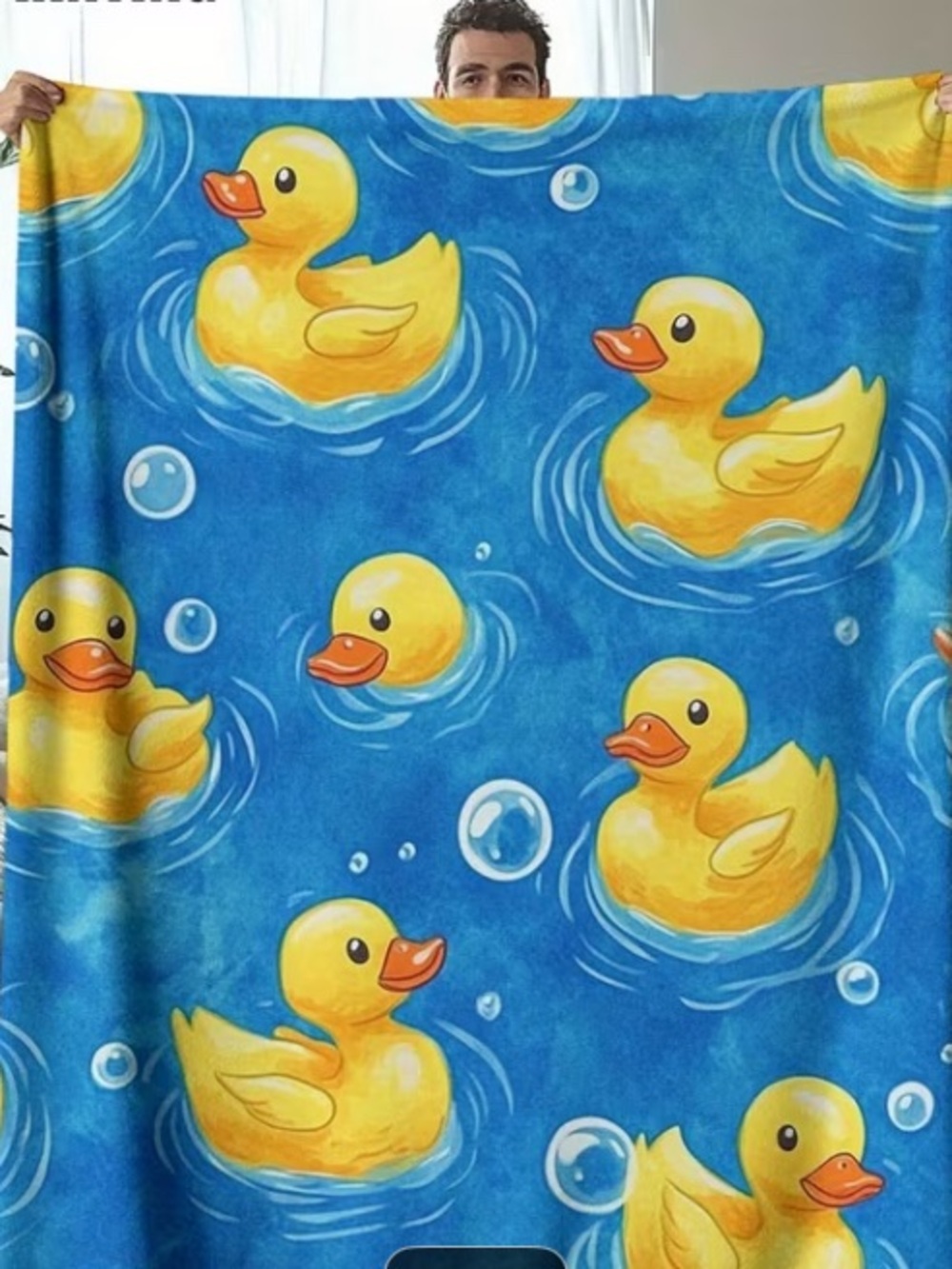 Rubber Duck Print Plush Throw Blanket - Bright Yellow on Blue